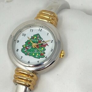 Christmas Tree Watch Women 25mm Silver Gold Tone Hinged Cuff New Battery 6.5"